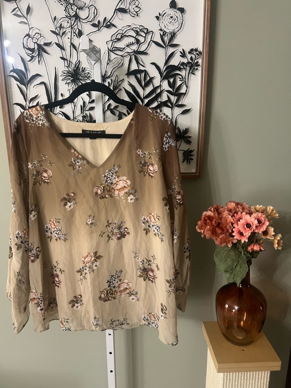 Zac & Rachel Brown Tan Floral Print Overlay Flowy Lined Boho Blouse Top Size L